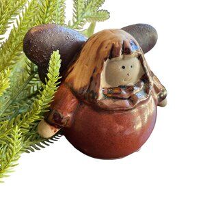 Round Brown Roly Poly Angel Pottery Figurine 3" x 4" Curvy Christmas Heavenly